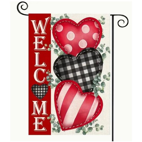 Garden Flag Welcome with Hearts Valentine's Day 12x18in Double sided - Picture 1 of 1